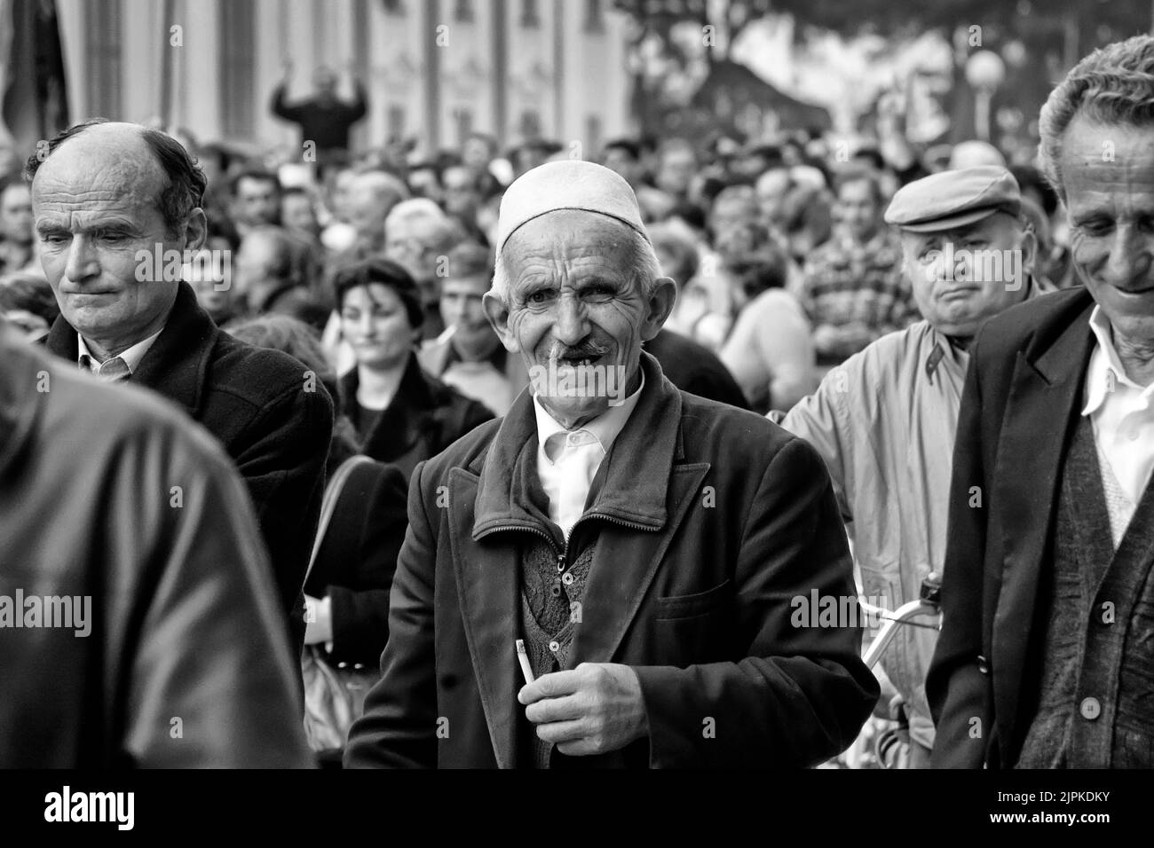 Crowds of people at political demonstration, Tirana, Albania Stock Photo