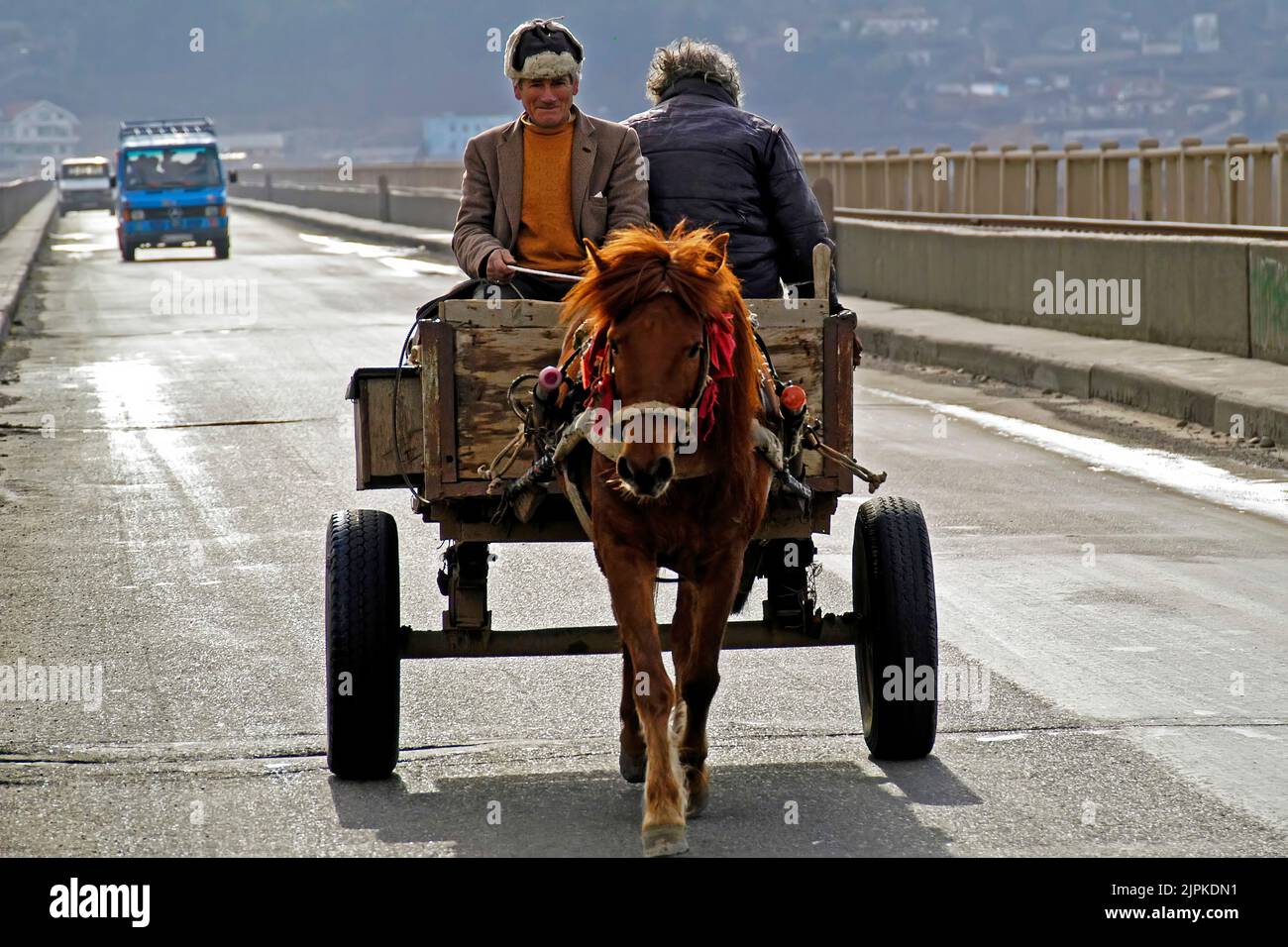 Horse and cart on tarmac road, southern Albania Stock Photo