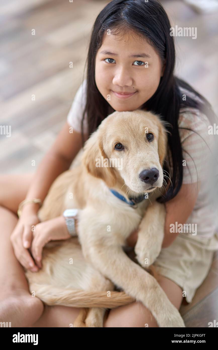Portrait of a girl with a golden retriever puppy in her embrace Stock ...
