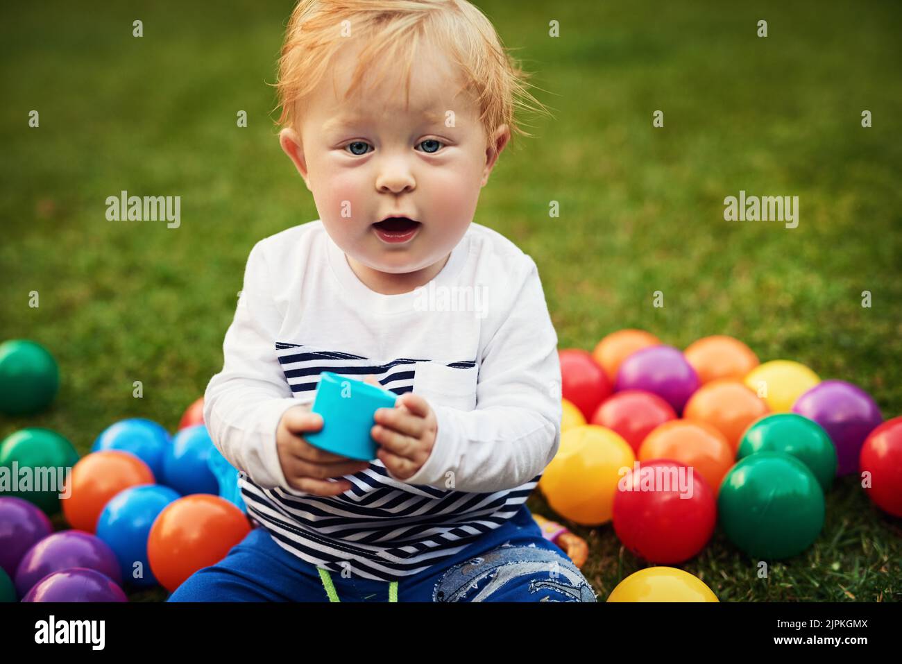 Intrigued by the colour. an adorable little boy playing in the backyard. Stock Photo