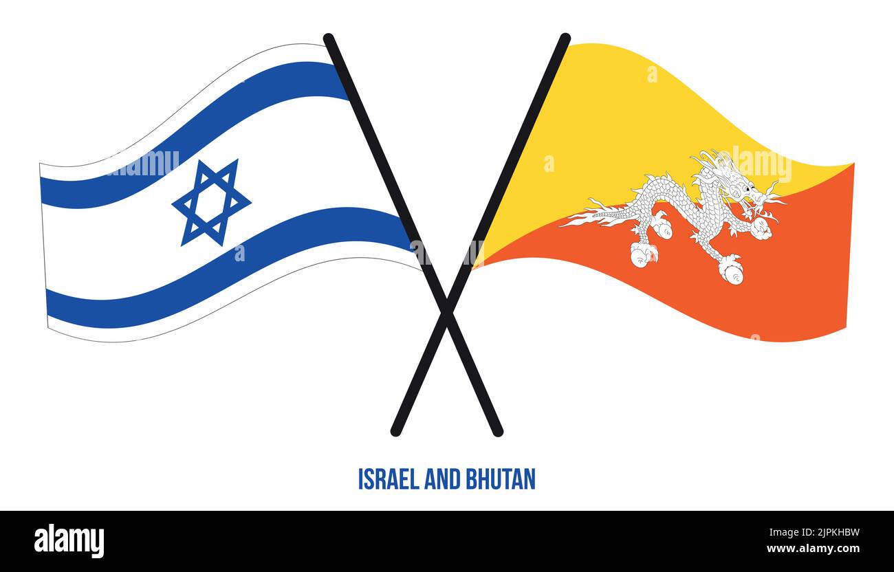 Israel and Bhutan Flags Crossed And Waving Flat Style. Official