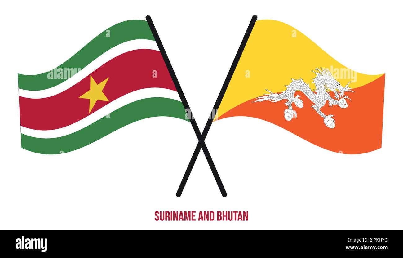 Suriname and Bhutan Flags Crossed And Waving Flat Style. Official ...