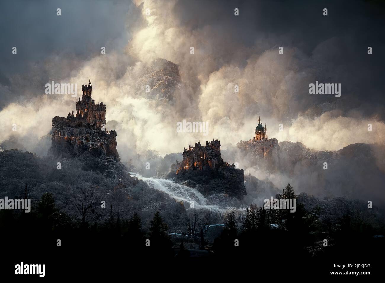 Dark fantasy painting of a castle on top of a mountain above a ...