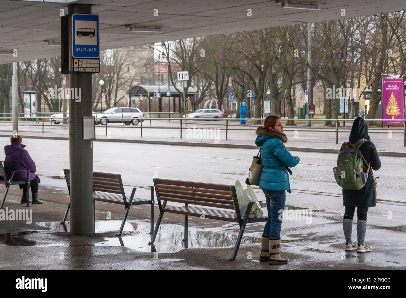 People waiting for bus at Balti jaam bus stop in Tallinn Estonia Stock Photo