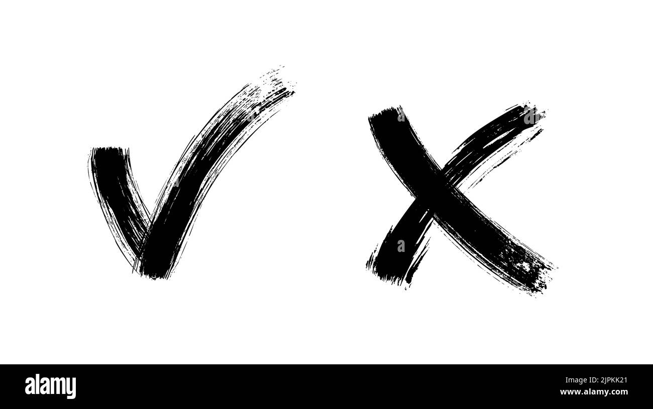 Brush painted yes and no checkmarks. Black and white check and cross ...