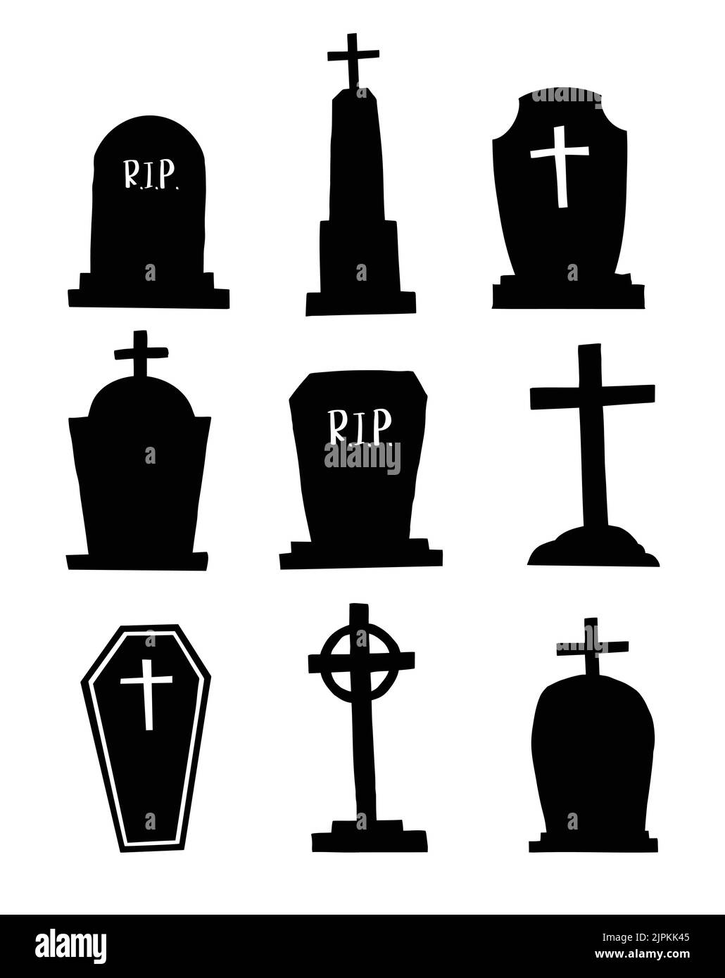 Set of tombstones for halloween objects. Graveyard hand drawn silhouettes on white background. Stock Vector