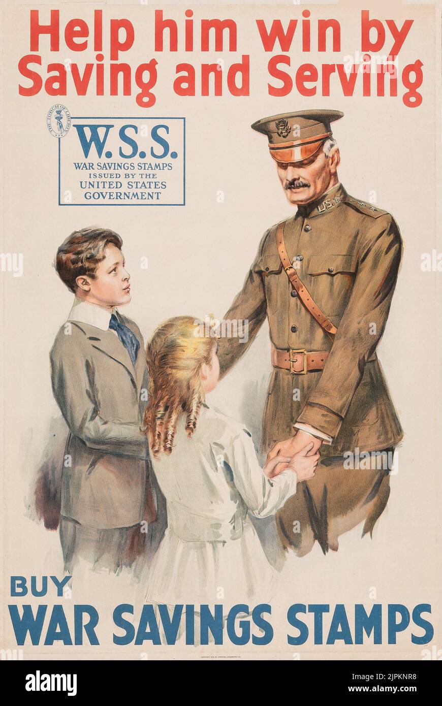 World War I Propaganda (American Lithographic Co., 1918) Help him win by saving and serving. Buy war savings stamps. W.S.S. War Savings Stamps. Stock Photo