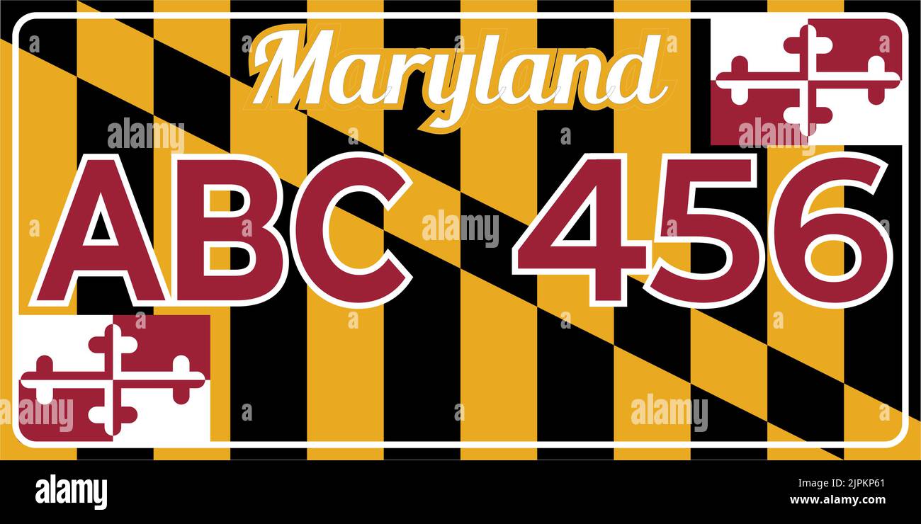 Vehicle license plates marking in Maryland in United States of America, Car plates. Vehicle license numbers of different American states. Vintage prin Stock Vector
