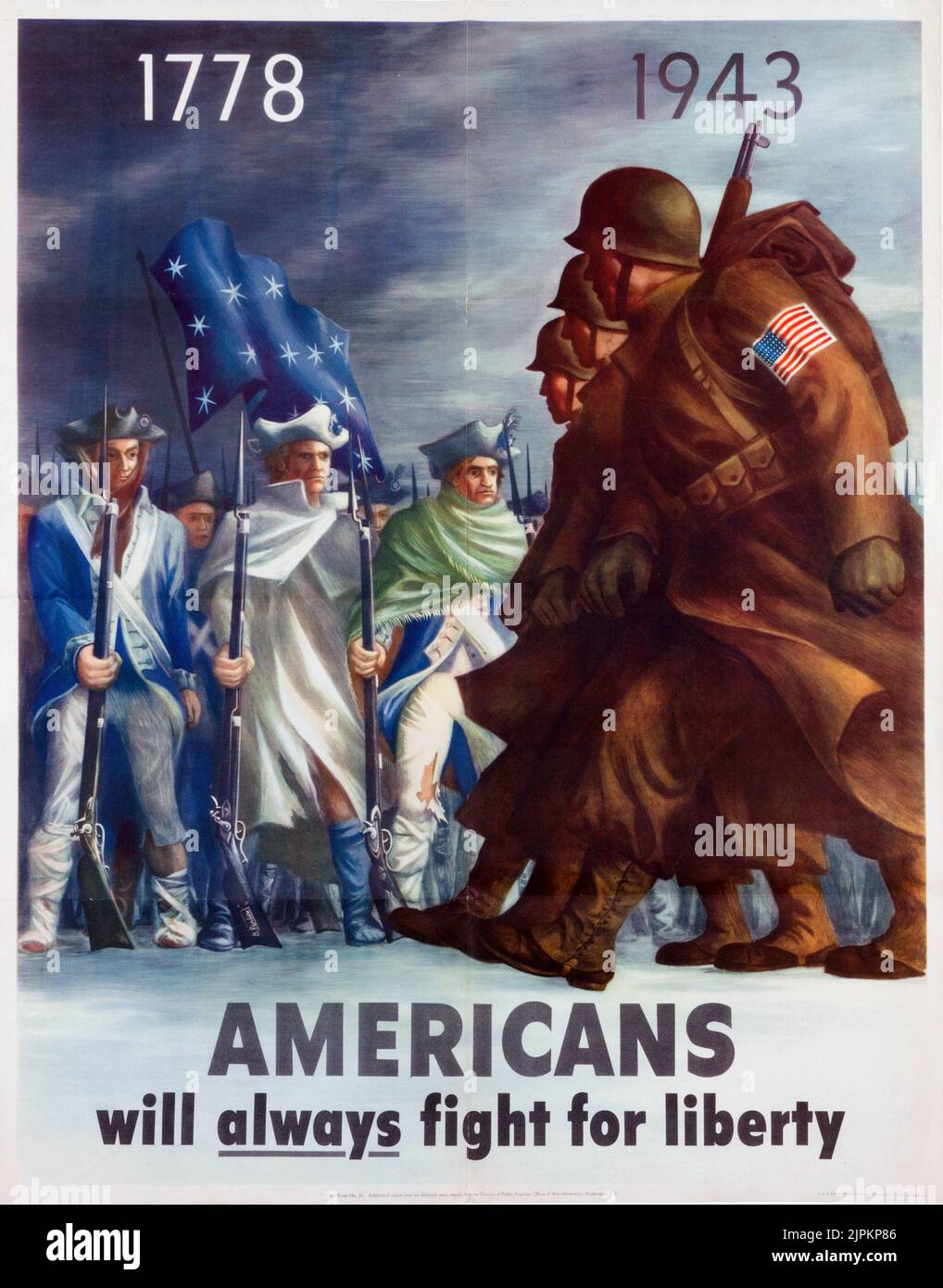 WWII Poster "AMERICANS Will Always Fight for Liberty 1778-1943". Artist: Bernard Perlin. US Soldiers. Stock Photo