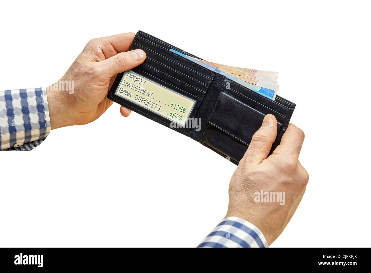 Man hands hold wallet with electronic screen showing investment profit percent and money inside. Profit concept closeup on white background Stock Photo