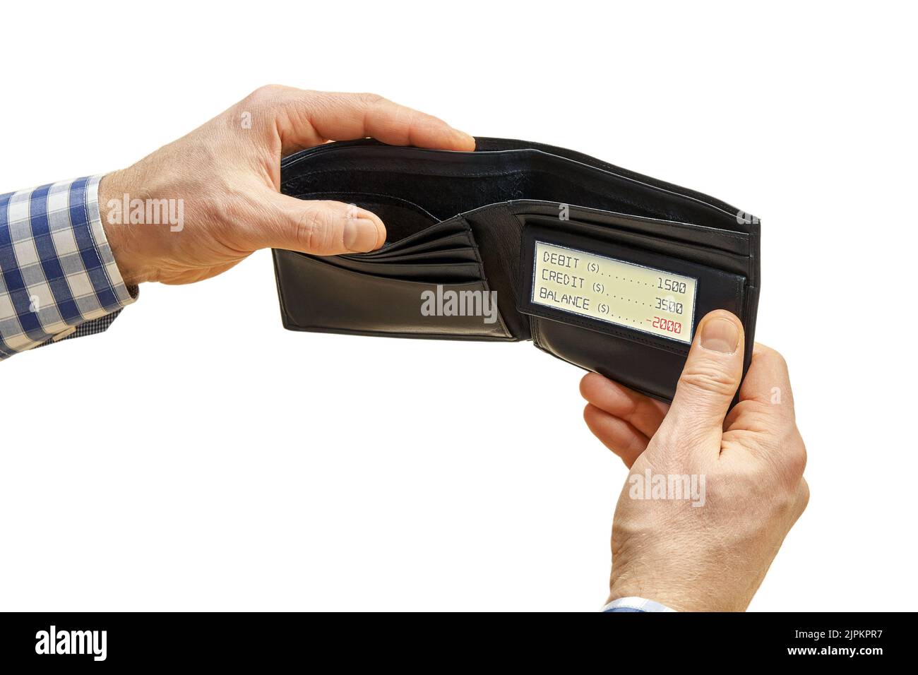 Man hands hold empty black wallet with electronic screen displaying negative balance. Poverty and crisis concept closeup on white background Stock Photo