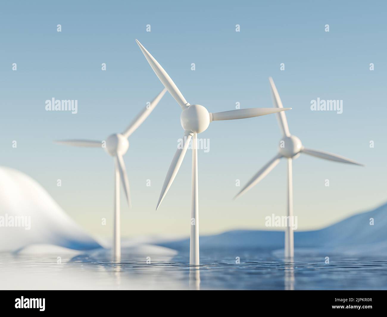 three wind turbines in water arctic landscape . 3d render of