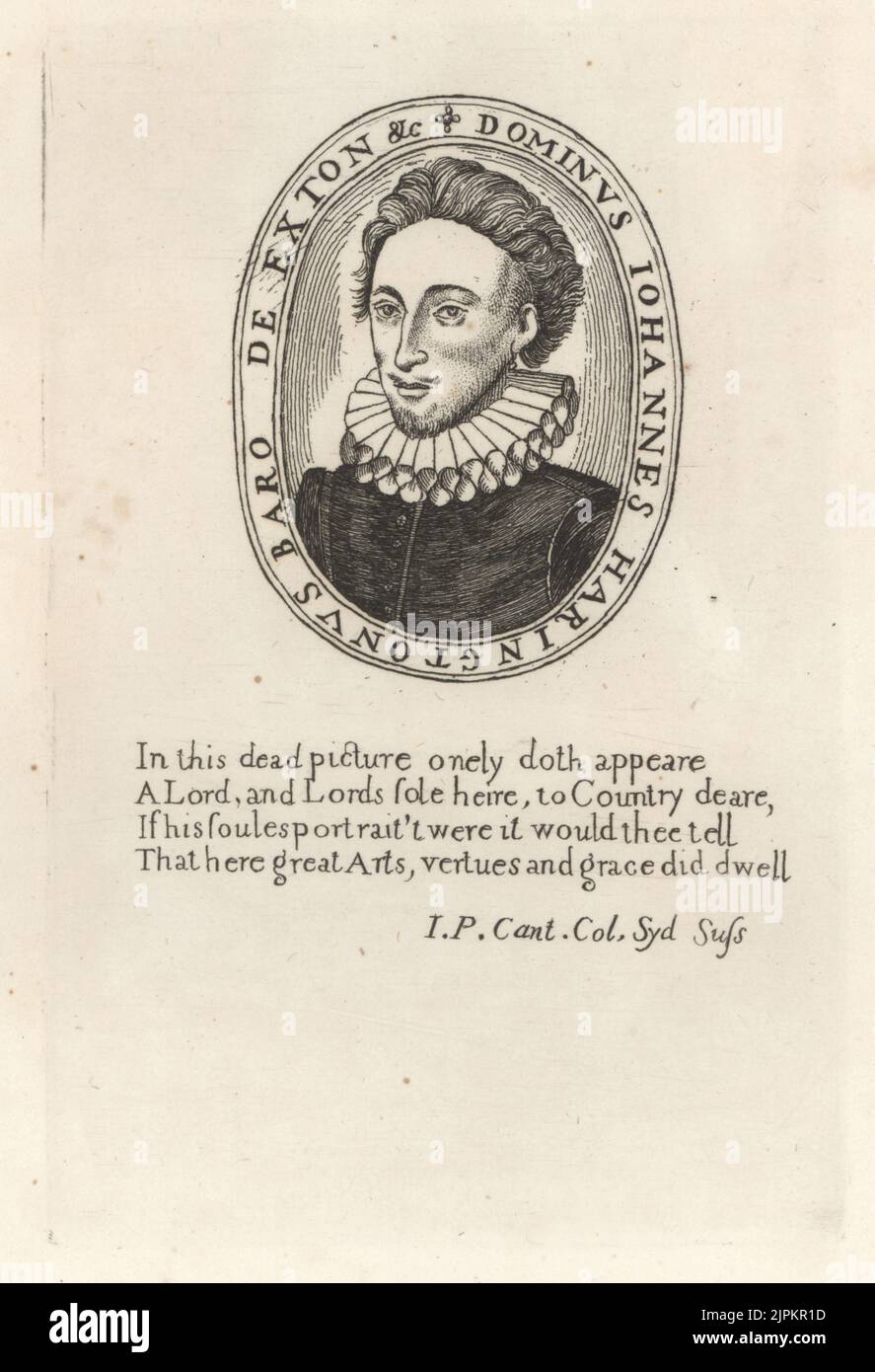 John Harington, 2nd Baron Harington of Exton, 1592-1614. English courtier and politician, Lord Lieutenant of Rutland and Baron Harington of Exton. Oval portrait in ruff collar and doublet. Dominus Johannes Haringtonus, Baro de Exton. From his funeral sermon. Copperplate engraving from Samuel Woodburn’s Gallery of Rare Portraits Consisting of Original Plates, George Jones, 102 St Martin’s Lane, London, 1816. Stock Photo