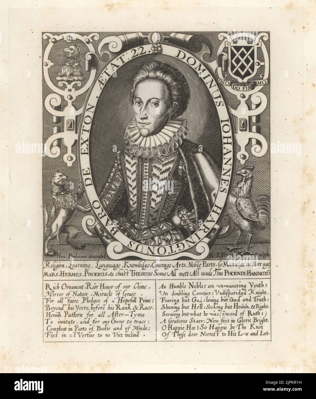 John Harington, 1st Baron Harington of Exton, 1539-1613. English courtier and politician. With earring, in ruff collar, cloak and embroidered doublet, with heraldic figures of lion rampant and cock. Dominus Johannes Haringtonus, Baro de Exton. Copperplate engraving after Renold Elstrack from Samuel Woodburn’s Gallery of Rare Portraits Consisting of Original Plates, George Jones, 102 St Martin’s Lane, London, 1816. Stock Photo