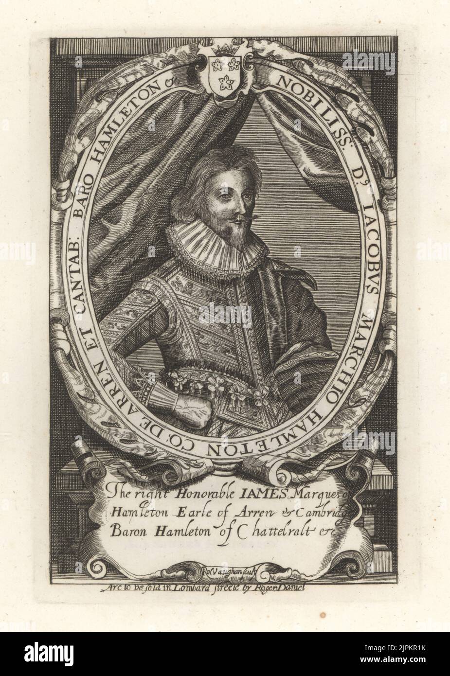 James Hamilton, 2nd Marquis of Hamilton and 4th Earl of Arran, 1589-1625. Scottish nobleman and politician. In van Dyke beard, ruff collar, brocade doublet, gloves. James Hamleton. Copperplate engraving after a portrait by Robert Vaughan from Samuel Woodburn’s Gallery of Rare Portraits Consisting of Original Plates, George Jones, 102 St Martin’s Lane, London, 1816. Stock Photo