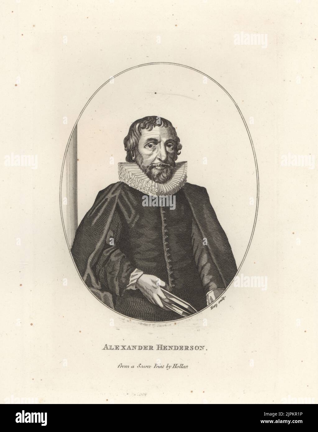 Alexander Henderson, Scottish theologian, one of the founders of the Reformed Church of Scotland, 1583-1646.. In ruff collar, doublet and cloak, holding a book. Copperplate engraving by Hery after a scarce print by Wenceslaus Hollar from a painting by Anthony van Dyke from Samuel Woodburn’s Gallery of Rare Portraits Consisting of Original Plates, George Jones, 102 St Martin’s Lane, London, 1816. Stock Photo