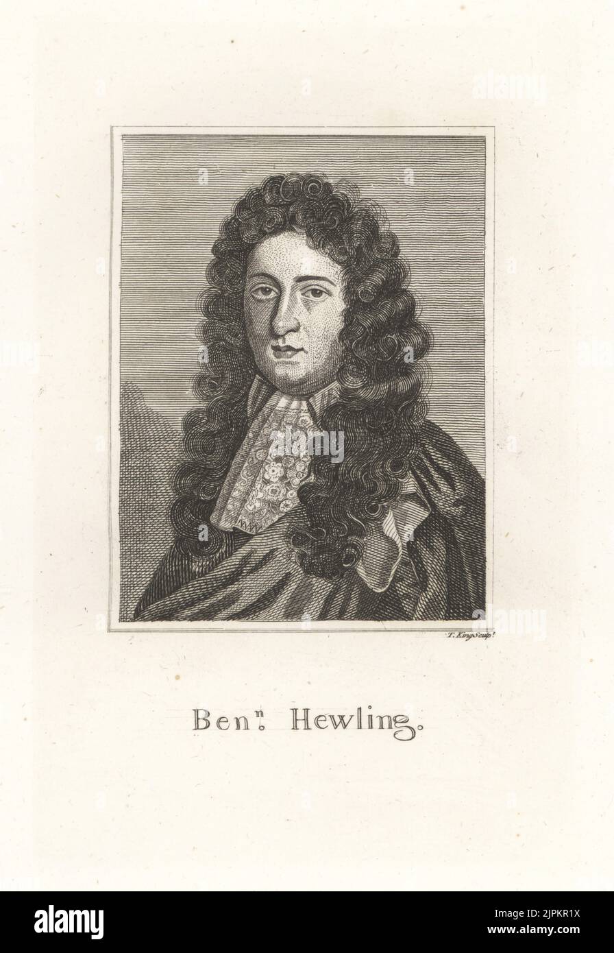 Benjamin Hewling, English soldier executed for participating in the Monmouth Rebellion against King James II, 1663-1685. In luxurious wig, cloak and lace cravat. Copperplate engraving by Thomas King from Samuel Woodburn’s Gallery of Rare Portraits Consisting of Original Plates, George Jones, 102 St Martin’s Lane, London, 1816. Stock Photo