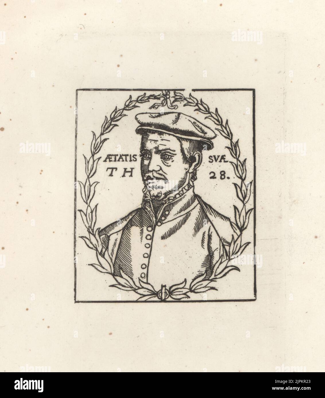 Thomas Hill, English writer, astrologer, gardener and translator, aka Didymus Mountain, c.1528-1574. In cap, collar and doublet, within an oval wreath. Aetatis Svae TH 28. From a rare woodcut. Copperplate engraving from Samuel Woodburn’s Gallery of Rare Portraits Consisting of Original Plates, George Jones, 102 St Martin’s Lane, London, 1816. Stock Photo