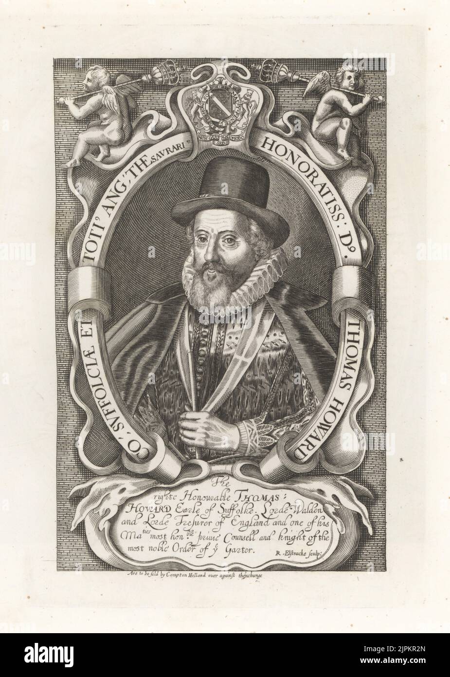 Thomas Howard, 1st Earl of Suffolk, 1561-1626. Lord Chamberlain, Lord High Treasurer of England to King James I, Knight of the Garter. In hat, ruff collar, doublet and cloak, holding a ribbon. Under coat of arms with two putti holding sceptres. Copperplate engraving after Renold Elstrack from Samuel Woodburn’s Gallery of Rare Portraits Consisting of Original Plates, George Jones, 102 St Martin’s Lane, London, 1816. Stock Photo
