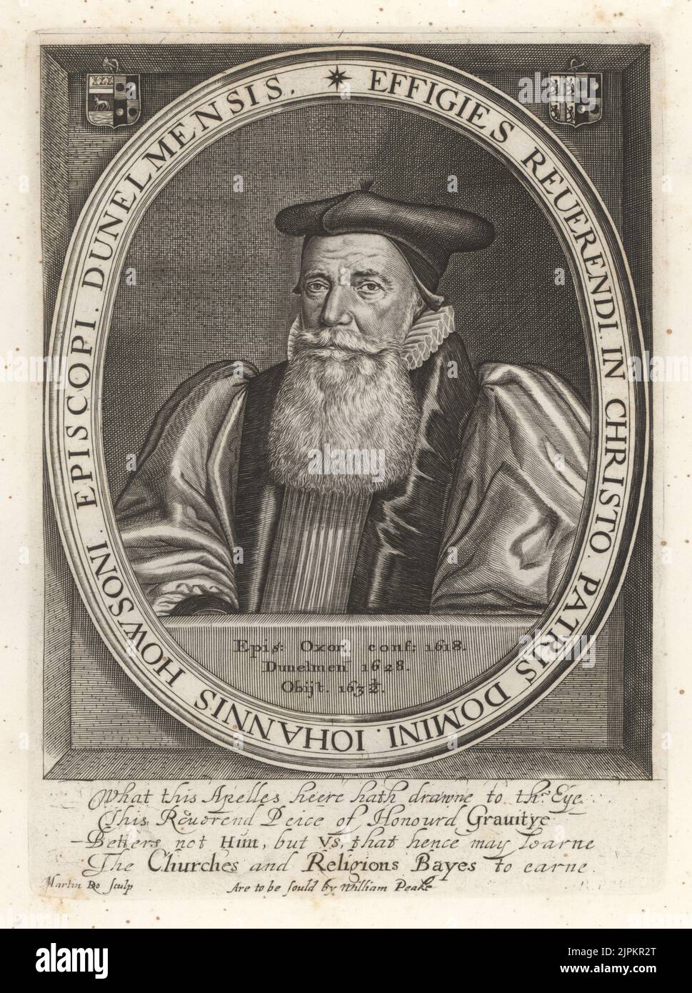 John Howson, English academic and ecclesiastic, Bishop of Durham, c.1557-1632. In cap, full beard, ruff collar, velvet robes. With coat of arms. Johannis Howsoni Episcopi Dunelmensis. After an original plate by Martin Droeshout, sold by William Peake. Copperplate engraving from Samuel Woodburn’s Gallery of Rare Portraits Consisting of Original Plates, George Jones, 102 St Martin’s Lane, London, 1816. Stock Photo