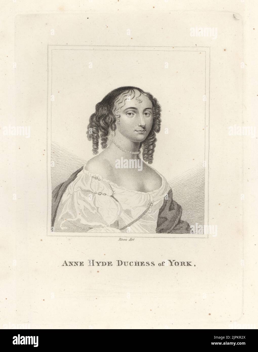 Anne Hyde, Duchess of York and Albany, 1637-1671. First wife of James, Duke of York, who later became King James II and VII of England and Scotland. With hair in ringlets, pearl necklace, low-cut  gown. From a drawing after Sir Peter Lely, engraved by Rivers.  Copperplate engraving from Samuel Woodburn’s Gallery of Rare Portraits Consisting of Original Plates, George Jones, 102 St Martin’s Lane, London, 1816. Stock Photo