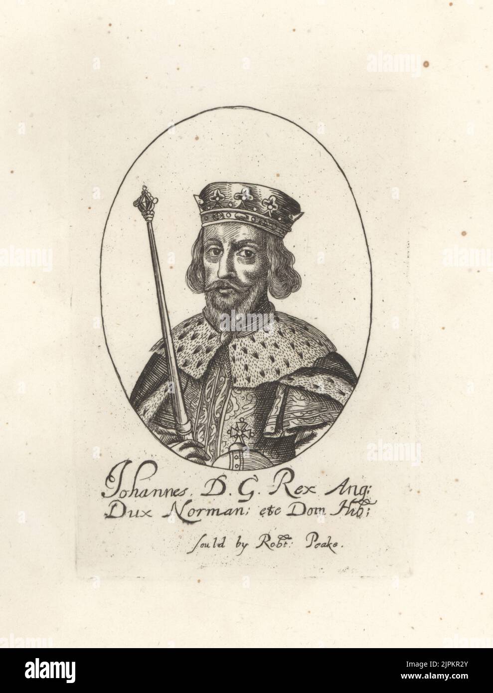 King John of England, succeeded Richard I the Lionheart,  1167-1216.. Granted the Magna Carta in 1215. With crown, sceptre and orb, wearing a cloak with ermine collar. Johannes DG Rex Ang. Dux Norman. From William Faithorne's set of kings, sold by Robert Peake. Copperplate engraving from Samuel Woodburn’s Gallery of Rare Portraits Consisting of Original Plates, George Jones, 102 St Martin’s Lane, London, 1816. Stock Photo