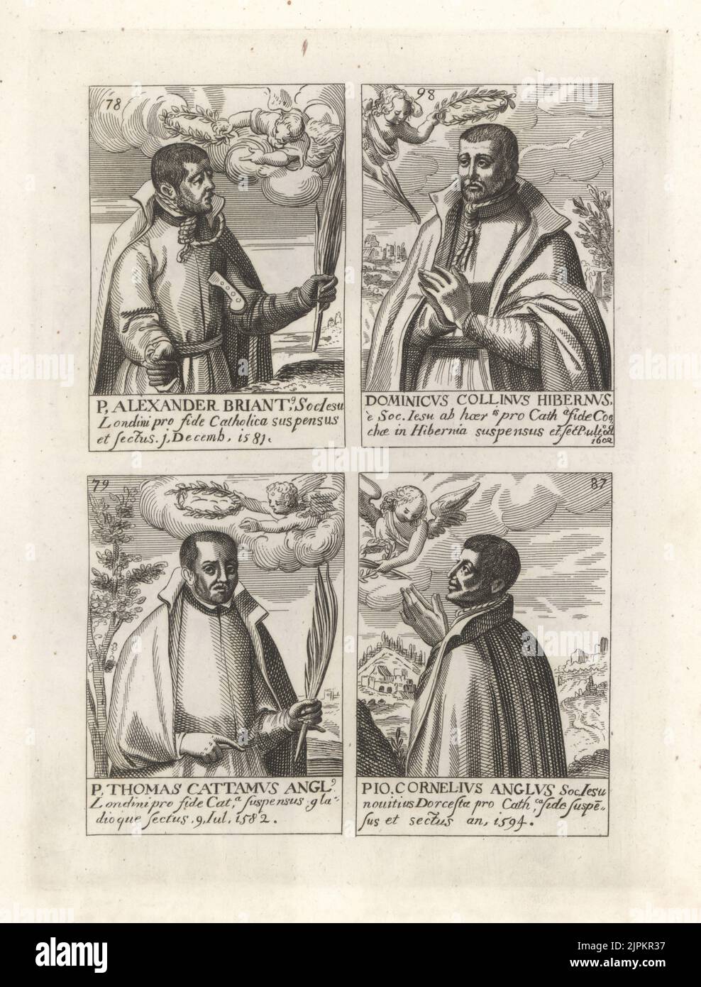Portraits of Jesuit martyrs, English and Scottish Catholics killed in the 16th century. Shown receiving martyr's crowns from angels, three with hangman's noose. Alexander Briant 1581, Dominic Collins 1602, Thomas Cattamus 1582, John Cornelius 1594. Copperplate engraving from Samuel Woodburn’s Gallery of Rare Portraits Consisting of Original Plates, George Jones, 102 St Martin’s Lane, London, 1816. Stock Photo