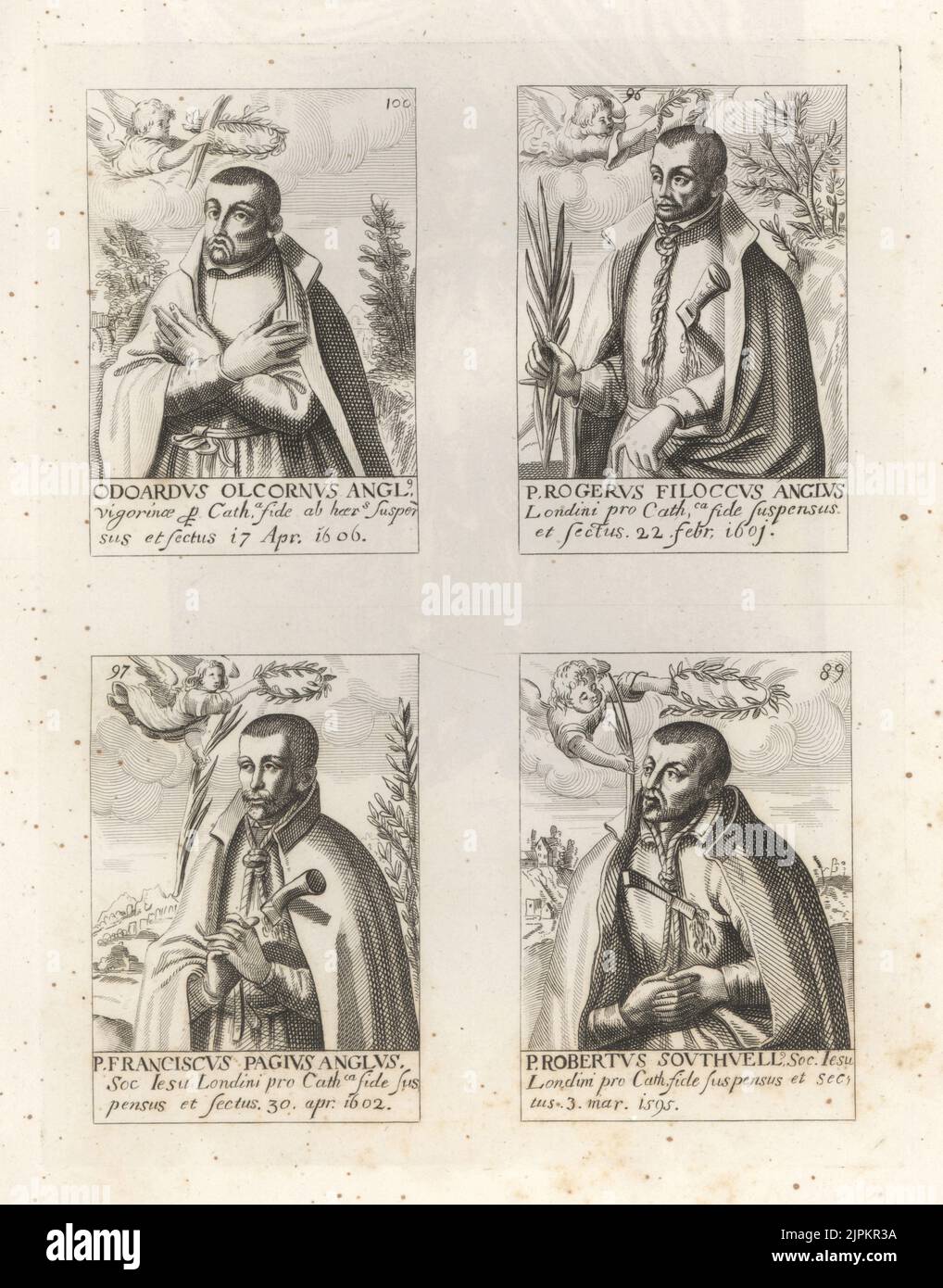 Portraits of Jesuit martyrs, English Catholics killed in the 17th century. Crowned with laurel wreaths by angels, several with hangman's noose and dagger, holding palm fronds. Edward Oldcorne 1606, Roger Filcock 1601, Franciscus Pagius 1602, and Robert Southwell 1595. Copperplate engraving from Samuel Woodburn’s Gallery of Rare Portraits Consisting of Original Plates, George Jones, 102 St Martin’s Lane, London, 1816. Stock Photo