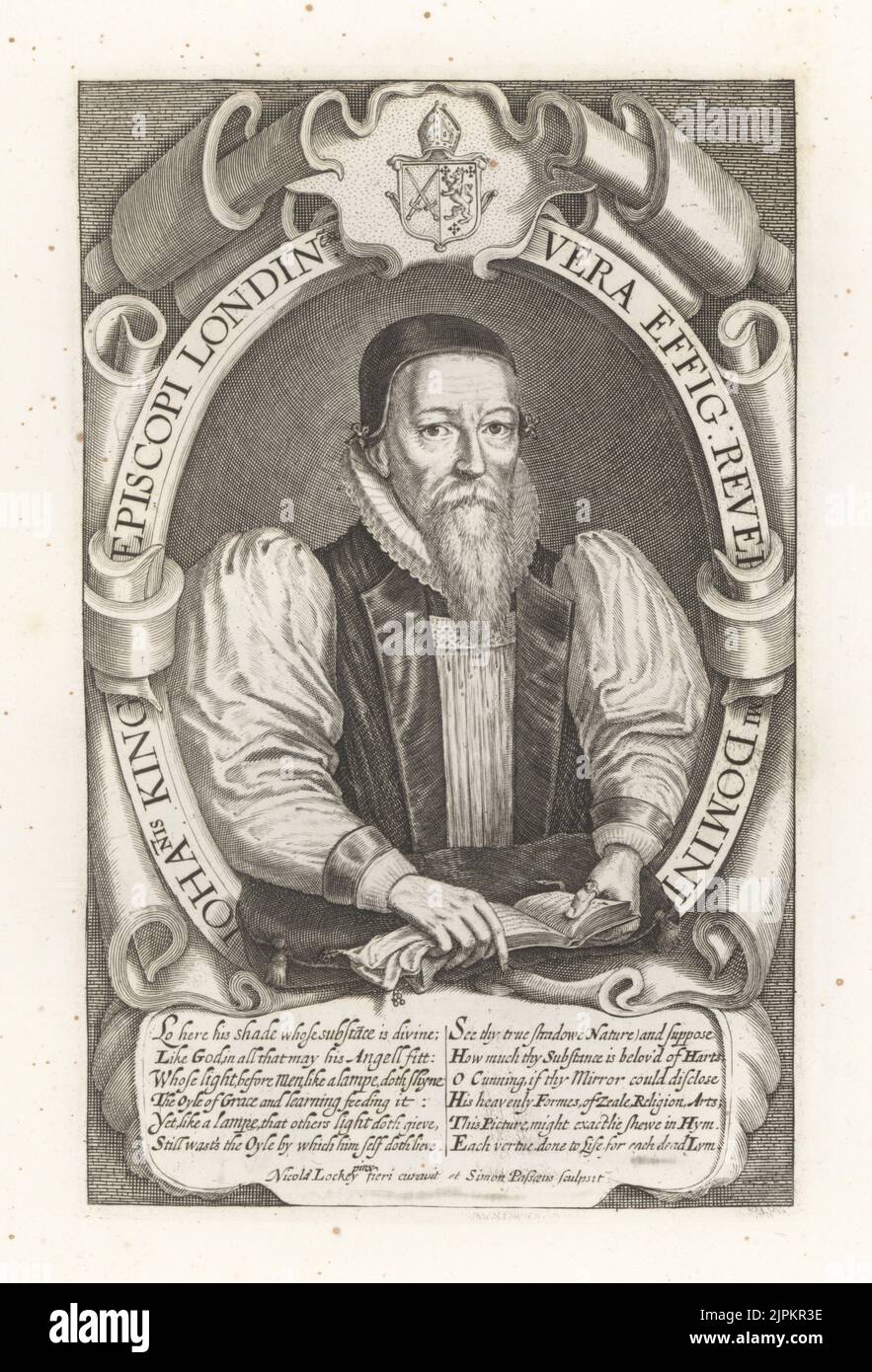 John King, Bishop of London, died 1621. In skull cap, ruff collar, ecclesiastical robes, holding a book and gloves. Johanis King Episcopi Londinensis. Copperplate engraving by Simon Pass after a painting by Nicholas Lockey from Samuel Woodburn’s Gallery of Rare Portraits Consisting of Original Plates, George Jones, 102 St Martin’s Lane, London, 1816. Stock Photo