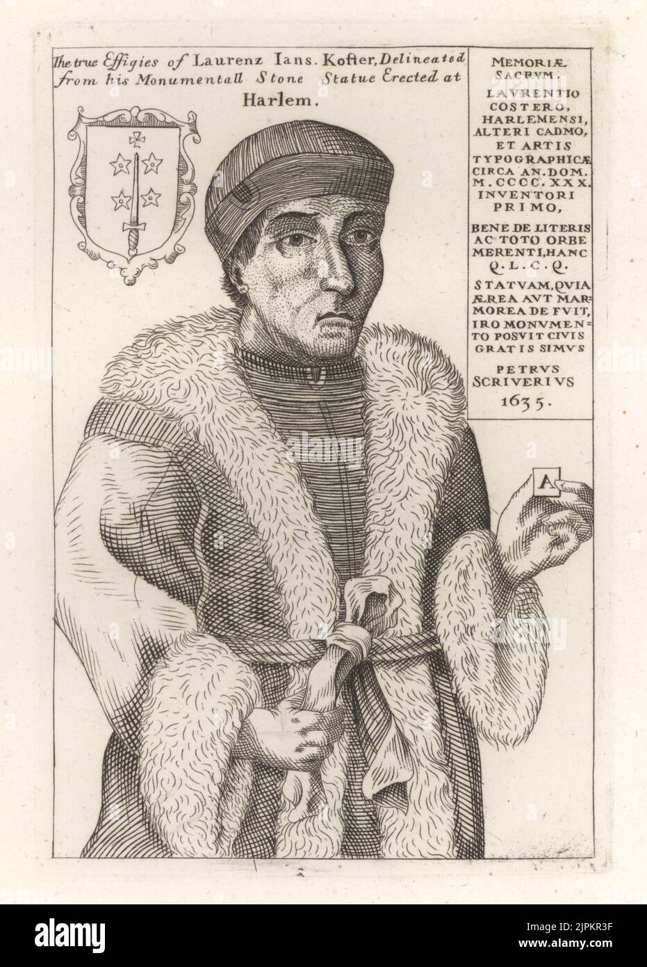 Laurens Janszoon Coster, Dutch inventor of printing, c.1370-1440. Printer and typographer who invented printing simultaneously with Johannes Gutenberg. In cap, fur-lined coat, holding a letter.  With coat of arms and biography by Petrus Scriverius. Laurenz Jans Kofter, Laurentio Costero, from his grave effigy in Harlem. Copperplate engraving from Samuel Woodburn’s Gallery of Rare Portraits Consisting of Original Plates, George Jones, 102 St Martin’s Lane, London, 1816. Stock Photo