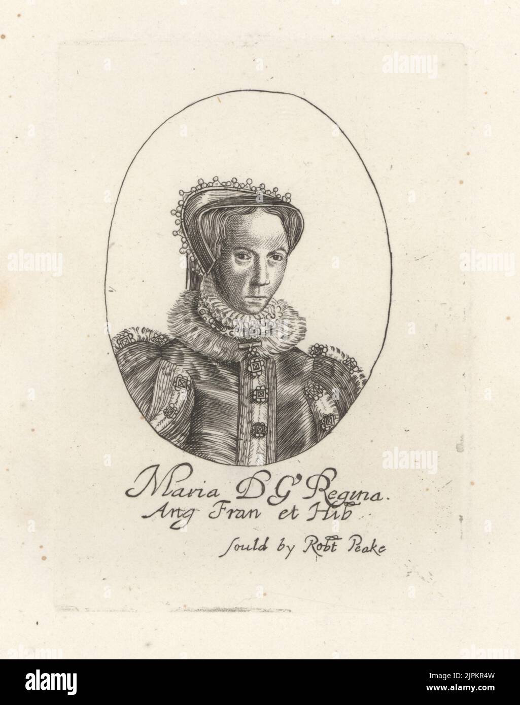 Mary I, Mary Tudor or Bloody Mary, Queen of England, 1516-1558. In French hood, ruff collar, bejeweled gown trimmed with fur. Maria DG Regina Ang Fran et Hib. From William Faithorne's set of Kings sold by Robert Peake. Copperplate engraving from Samuel Woodburn’s Gallery of Rare Portraits Consisting of Original Plates, George Jones, 102 St Martin’s Lane, London, 1816. Stock Photo