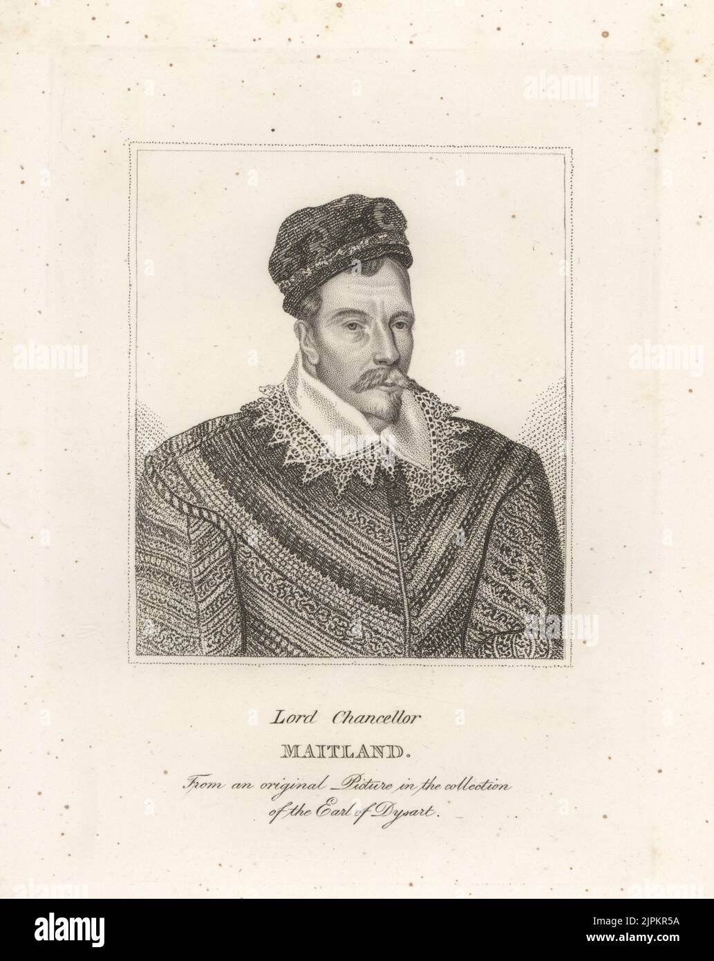 John Maitland, 1st Lord Maitland of Thirlestane, 1537-1595. Lord Chancellor of Scotland. In cap, lace collar, doublet. From an original picture in the collection of the Earl of Dysart at Ham House. Copperplate engraving from Samuel Woodburn’s Gallery of Rare Portraits Consisting of Original Plates, George Jones, 102 St Martin’s Lane, London, 1816. Stock Photo