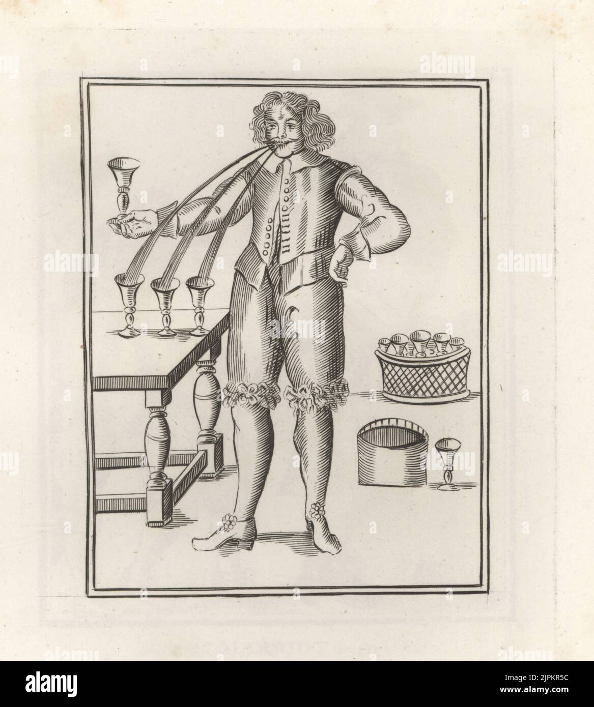 Floram Marchand, the Water Spouter. French entertainer from Tours who drank water and vomited wine (red, burgundy, white). Brought to London in 1650 to perform. Floram Marchand, juggler and water spouter. From a rare woodcut.Copperplate engraving from Samuel Woodburn’s Gallery of Rare Portraits Consisting of Original Plates, George Jones, 102 St Martin’s Lane, London, 1816. Stock Photo