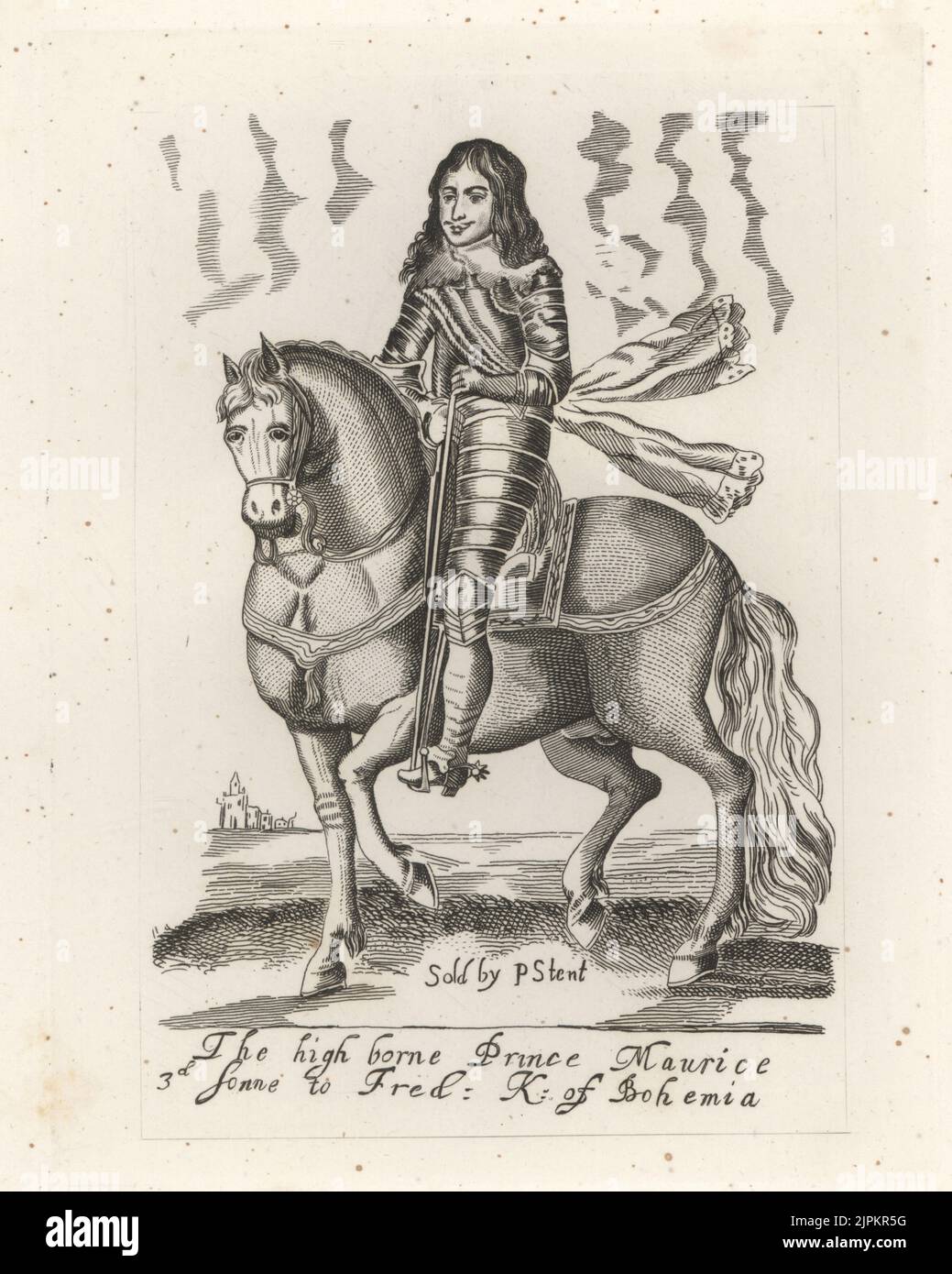 Maurice, Prince Palatine of the Rhine, 1621-1652. Fought in the English Civil War on the Royalist side. On horseback, in suit of plate armour with collar and sash. Prince Maurice, 3rd son to Frederick V, King of Bohemia. From a unique equestrian print in Earl Spencer's Clarendon, sold by Peter Stent. Copperplate engraving from Samuel Woodburn’s Gallery of Rare Portraits Consisting of Original Plates, George Jones, 102 St Martin’s Lane, London, 1816. Stock Photo
