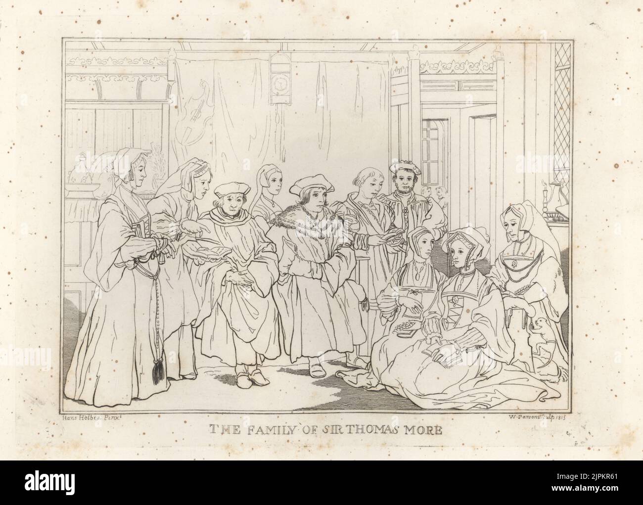 The Family of Sir Thomas More, Lord Chancellor, 1478-1535. L-R: Elizabeth Dauncey, Margaret Clements, Sir John More, Ann More, Sir Thomas More, John More, Henry Patenson, Cecily Heron, Margaret Roper, and Alice More. From the scarce print by Hans Holbein, engraved by W. Parsons. Copperplate engraving from Samuel Woodburn’s Gallery of Rare Portraits Consisting of Original Plates, George Jones, 102 St Martin’s Lane, London, 1816. Stock Photo
