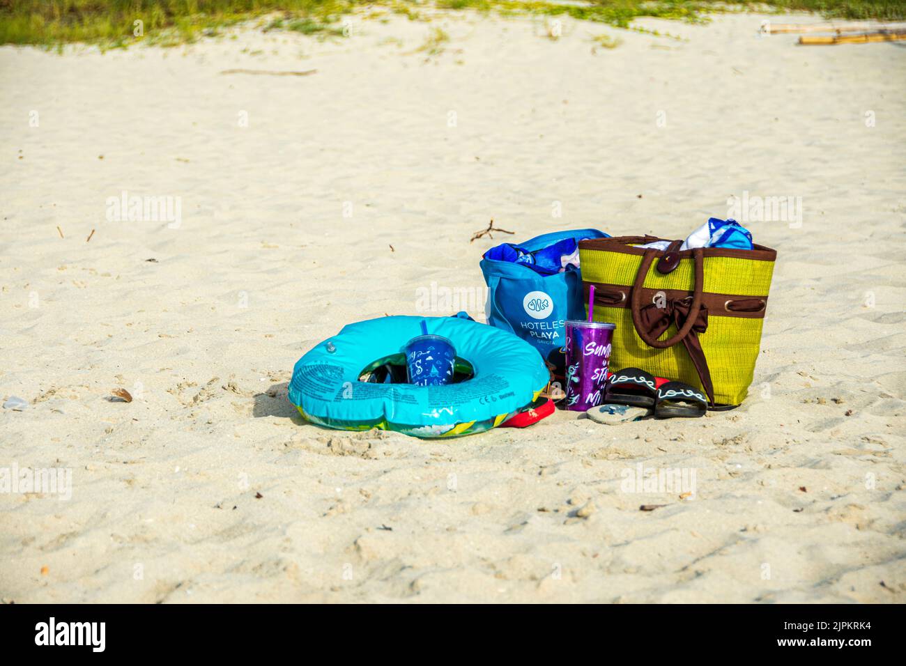 Unattended beach back and beach accessories, Varadero Beach, Cuba. Stock Photo