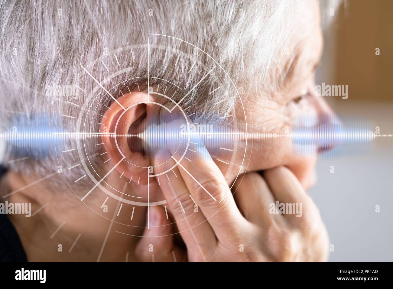 Hearing Aid And Painful Ear Ache. Hearing Issue Stock Photo