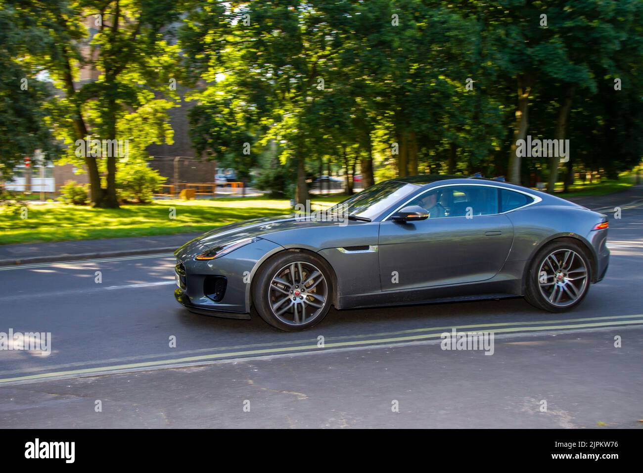 2017 grey British Jaguar F-TYPE V6 2995cc 8 speed manual roadster; Cars on display at the 13th Lytham Hall Summer Classic Car & Motorcycle Show, a Classic Vintage Collectible Transport Festival. ; Stock Photo
