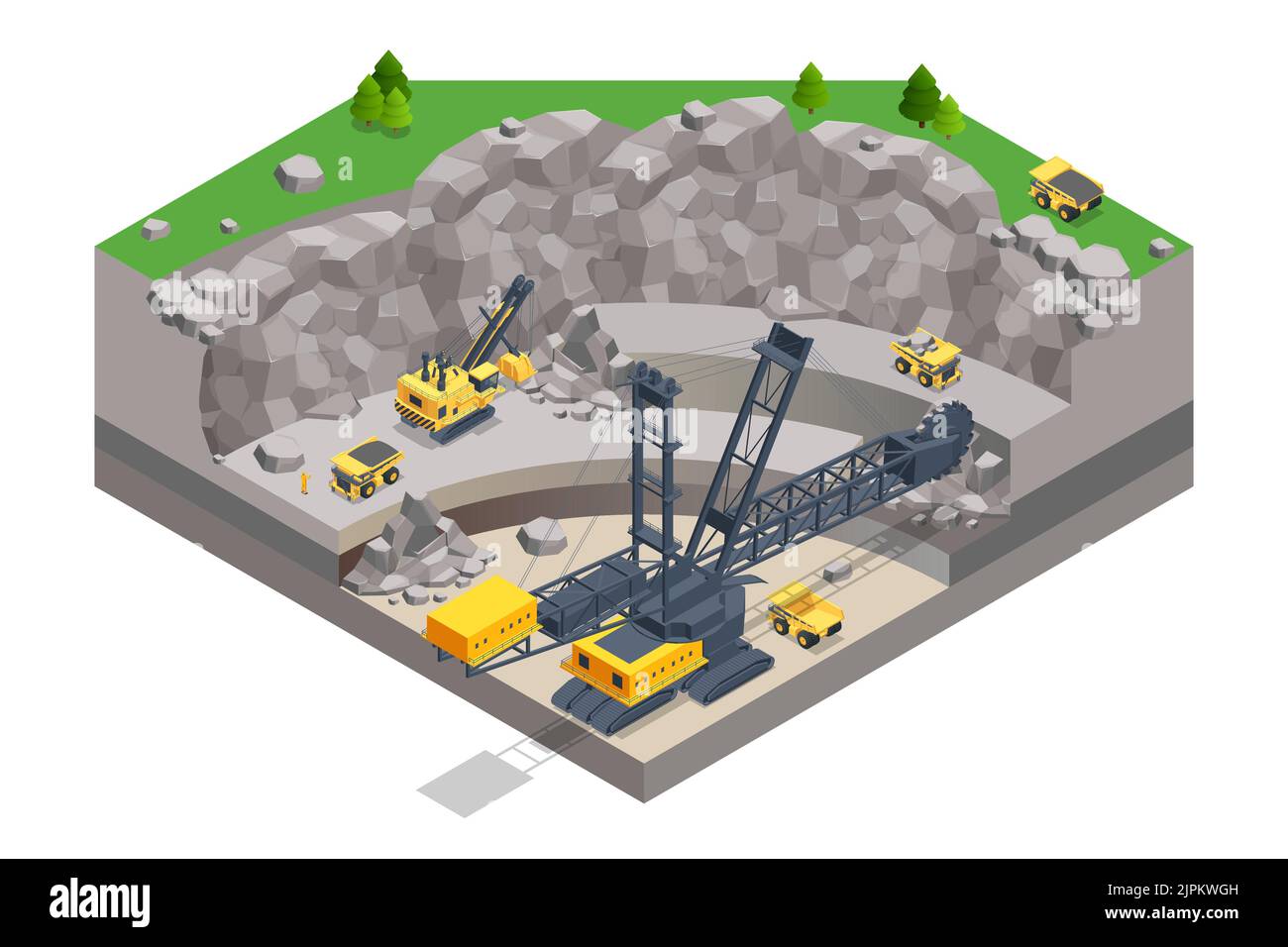 Isometric mining quarry, mine with large quarry dump truck and Bucket-wheel excavator. Coal mine. Bucket-wheel excavator mining lignite. Stock Vector