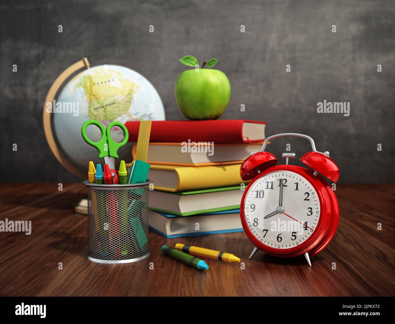Red apple, books, pencil holder, model globe and alarm clock on green blackboard. 3D illustration. Stock Photo