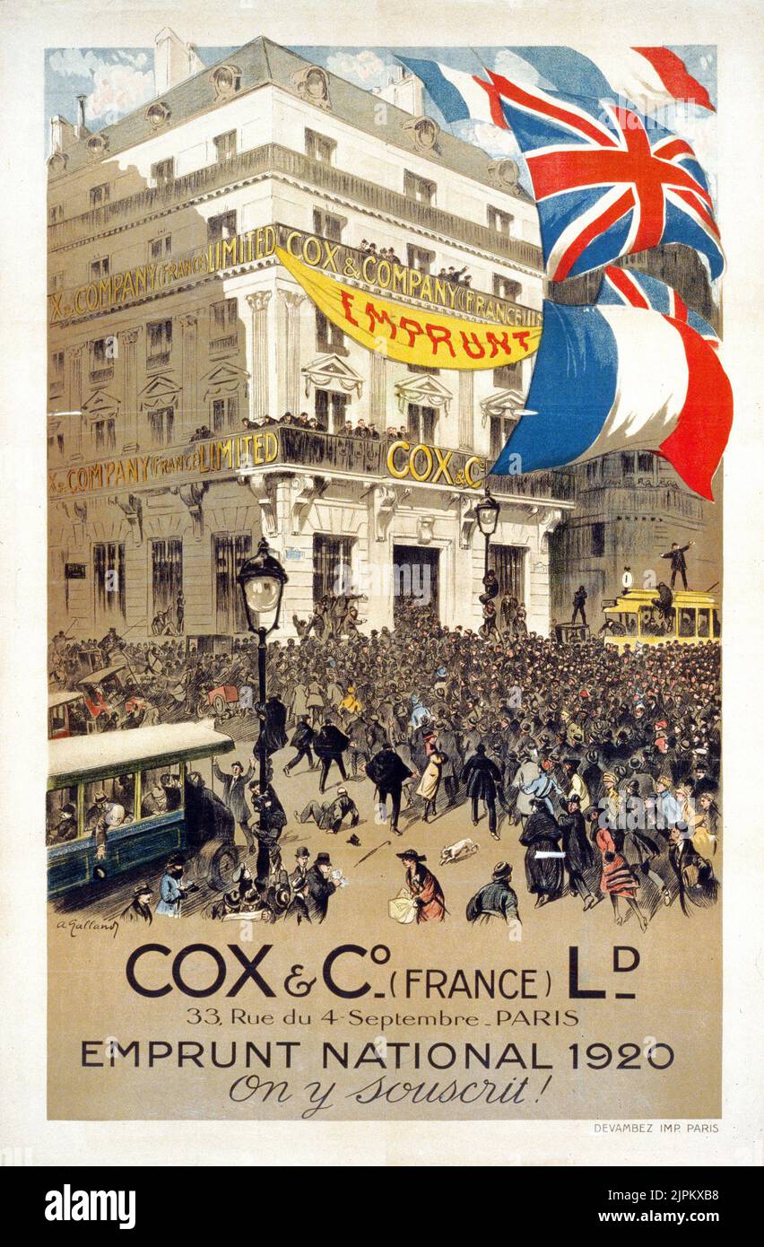 Crowd rushing into Cox & Co. Emprunt national 1920. War bonds & funds - France. Stock Photo