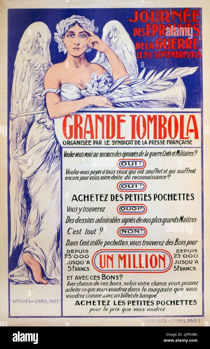 Journée des Éprouvés de la Guerre. Grande tombola organisée par le Syndicat de la Presse Française. Victory, with wings and trumpet, leaning on promotional sign for the raffle. Paris 1915. Translation of title: Day for the victims of the war, with a lottery organized by the Union of the French Press. Stock Photo