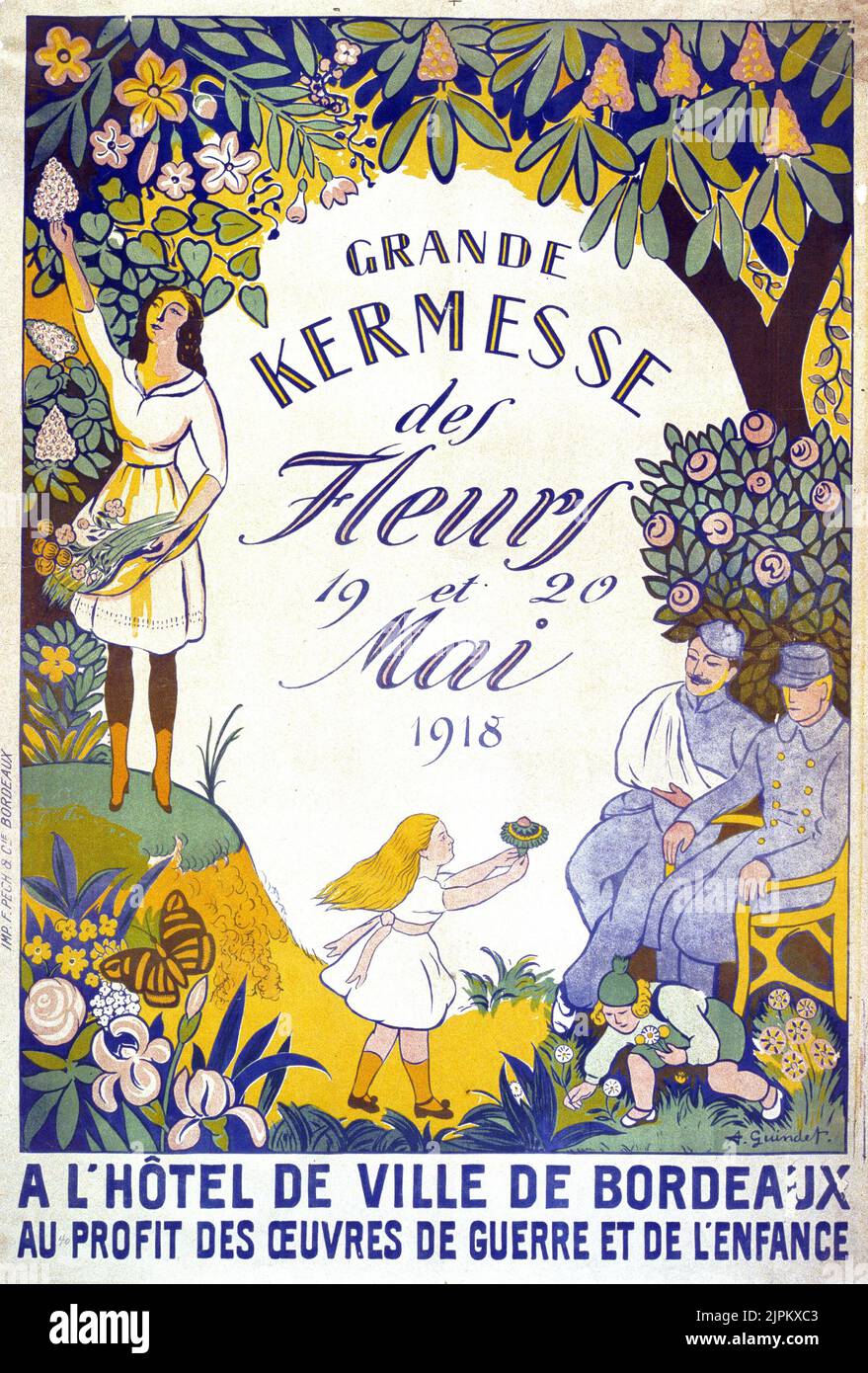 Grande kermesse des fleurs 19 et 20 mai 1918. A l'Hôtel de Ville de Bordeaux. Au profit des oeuvres de guerre et de l'enfance. Children picking flowers and handing them to injured soldiers. Flowers frame the scene. Guindet, A., artist. 1918. Stock Photo