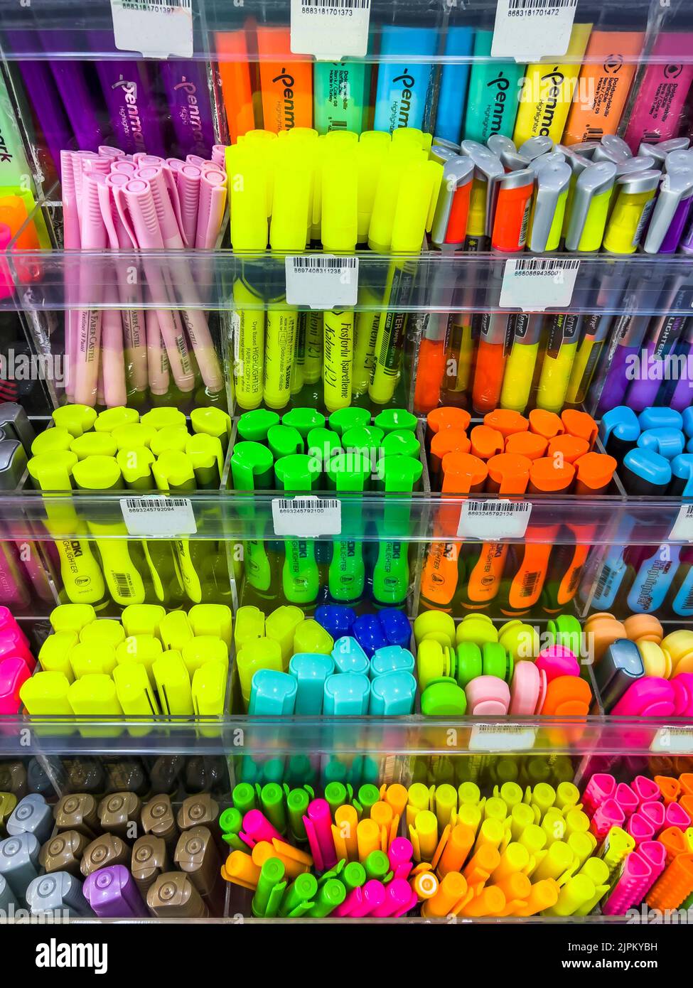 Istanbul - Turkey, 08.19.2022; Highlighter marker of various manufacturers on shelves in shop. Back To School Stationery Shopping Store concept. Buy Stock Photo