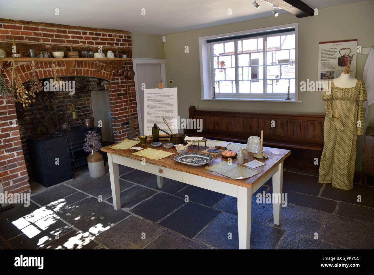 Objects and utensils on display in kitchen at Jane Austen’s House, Chawton, near Alton, Hampshire, UK. Stock Photo