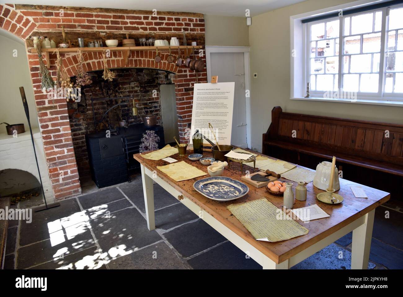 Objects and utensils on display in kitchen at Jane Austen’s House, Chawton, near Alton, Hampshire, UK. Stock Photo