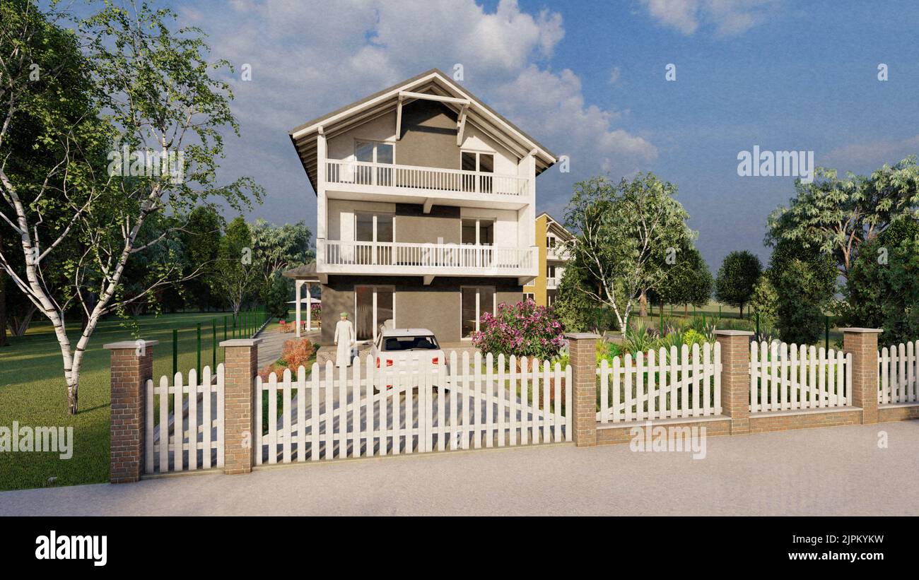 3D Model of Modern House in the Forest Stock Photo - Alamy