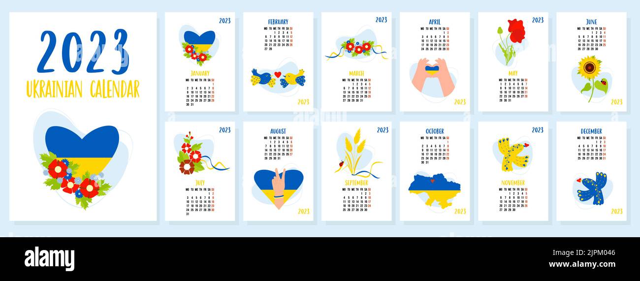 Calendar template 2023 with Ukrainian symbols, flowers, birds and yellow blue flag and map of Ukraine. Vertical set of 12 pages and cover in English. Stock Vector