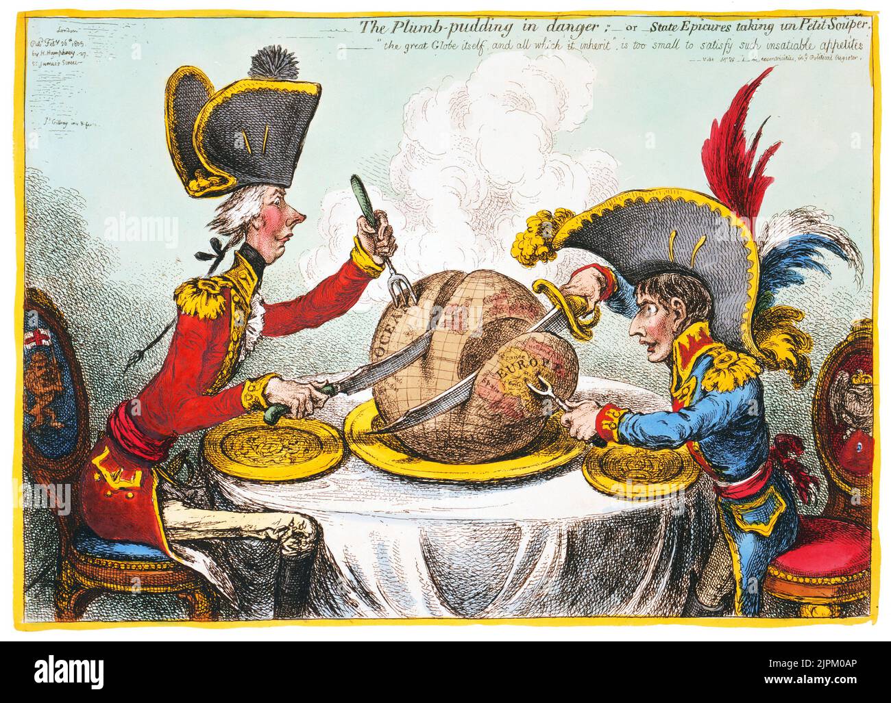The Plumb-pudding in danger, or, State epicures taking un petit souper. Gillray, James, engraver / created by London : H. Humphrey, 1805. William Pitt, wearing a regimental uniform and hat, sitting at a table with Napoleon. They are each carving a large plum pudding on which is a map of the world. Pitt's slice is considerably larger than Napoleon's. Hand-colored etching. Stock Photo