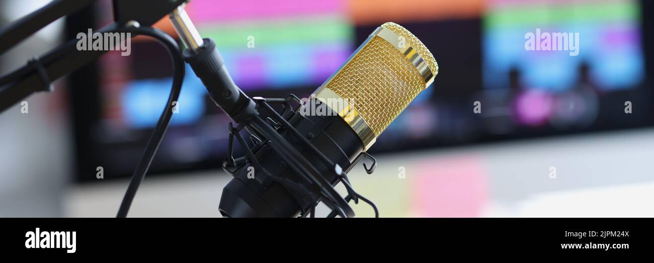 Professional sound recording studio with microphone and speaker Stock